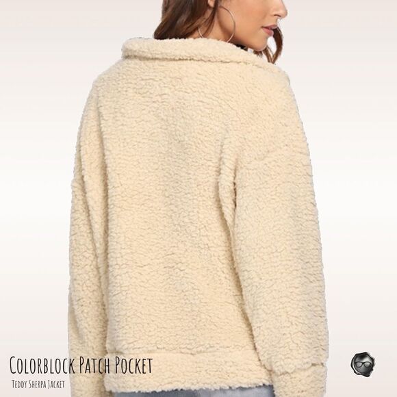TEDDY SHERPA JACKET COLORBLOCK PATCH POCKET WOMEN’S SIZE SMALL OVERSIZED - Picture 3 of 10